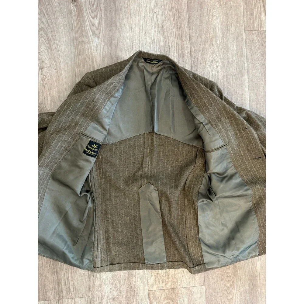 Vintage Norman Hilton 2 Piece Suit 38R 30x29 Olive Pin Stripe Wool Blazer 70s